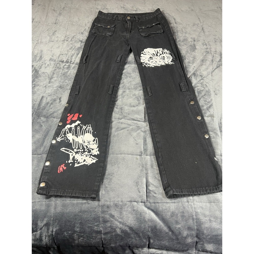 SLP Jeans Womens Black Dark Street Print Gothic Punk Metal Distressed Pant Sz M
